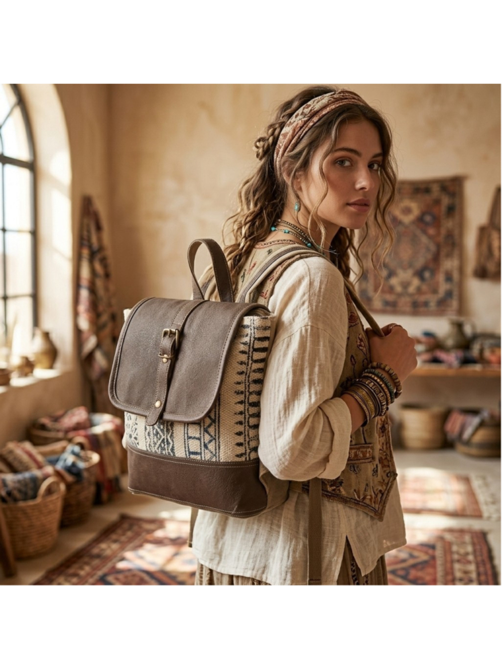 Ohlay by American Darling Clay Canyon Boho Canvas and Leather Mini Backpack